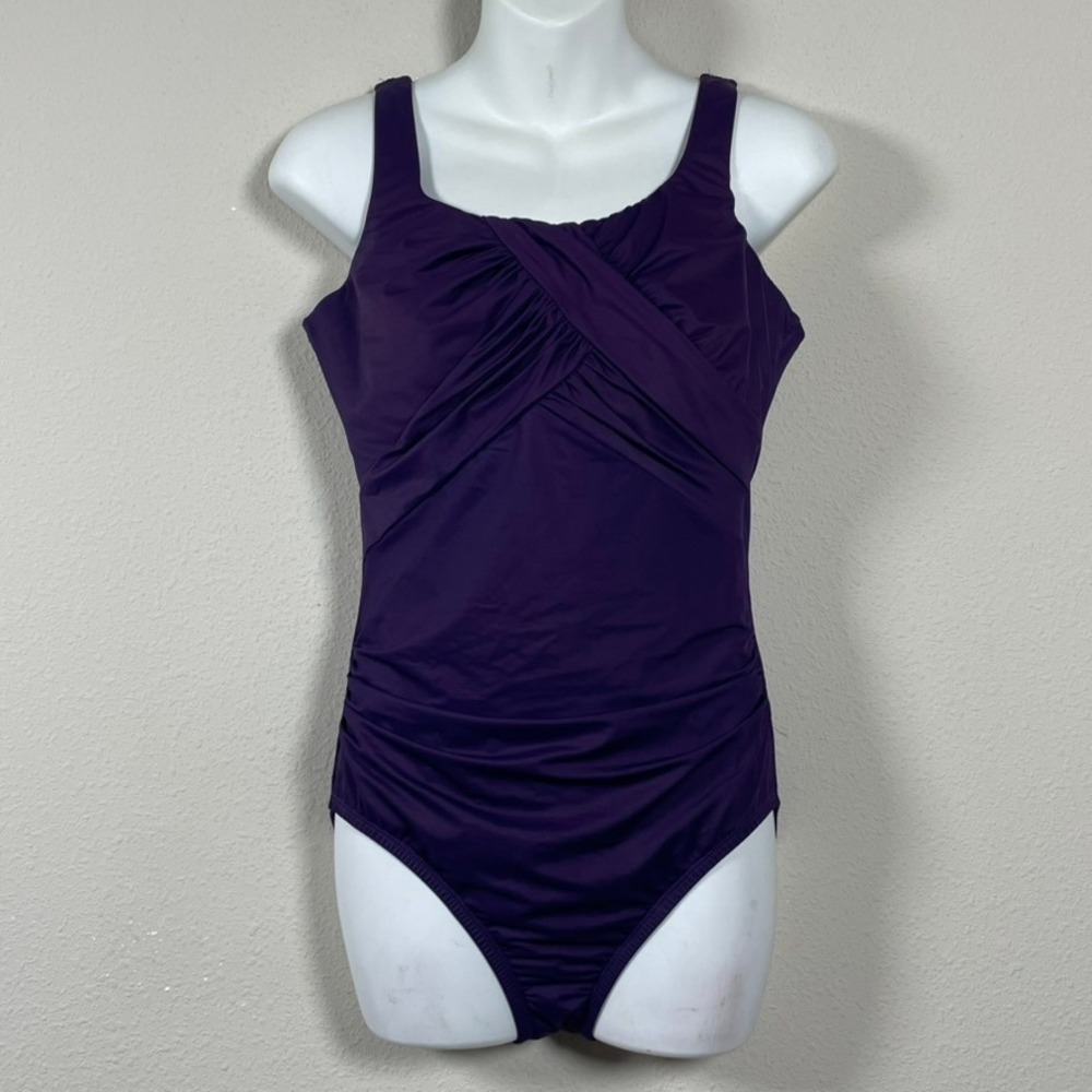Lands End One Piece Swimsuit Women 8 DDD Purple Modest Ruched Underwire Vacation